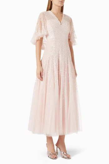 Dappled Sequin Cape Ankle Gown in Tulle
