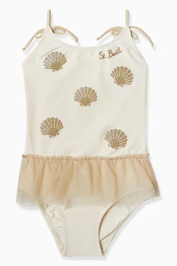 لباس سباحة قطعة واحدة بنقشة صدف مزينة بالغليتر