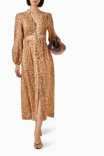 Cascadian Plunge Midi Dress in Linen