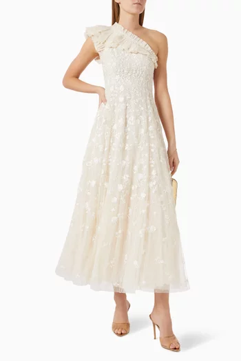 Lea Ditsy One-shoulder Ankle Gown in Tulle