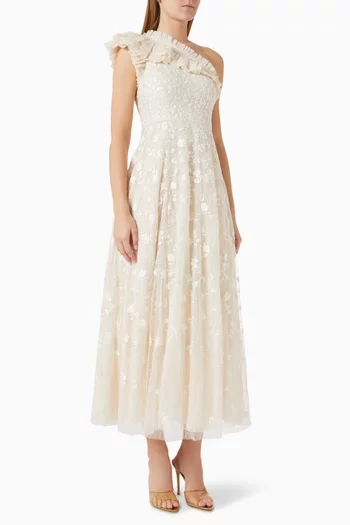 Lea Ditsy One-shoulder Ankle Gown in Tulle
