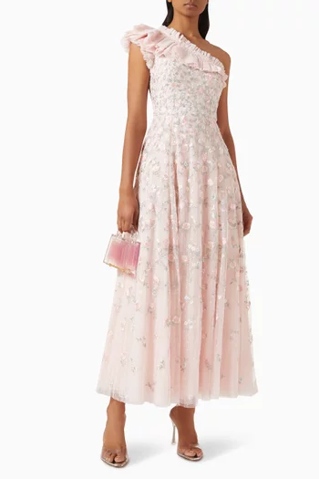 Lea Ditsy One-shoulder Ankle Gown in Tulle