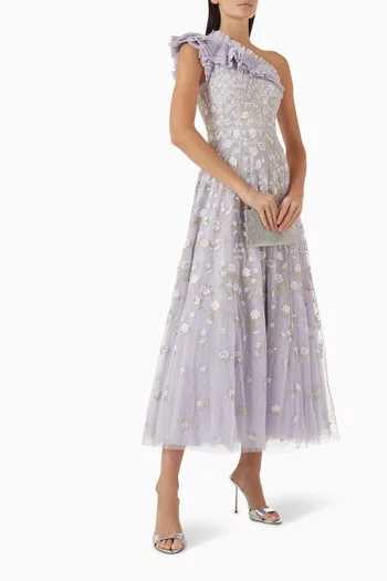 Lea Ditsy One-shoulder Ankle Gown in Tulle