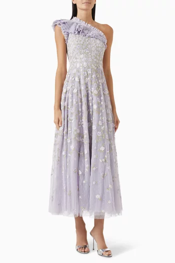 Lea Ditsy One-shoulder Ankle Gown in Tulle
