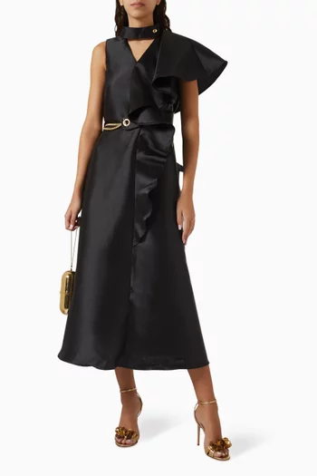 Ruffled Belted Midi Dress in Satin