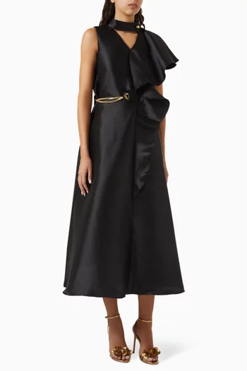 Ruffled Belted Midi Dress in Satin