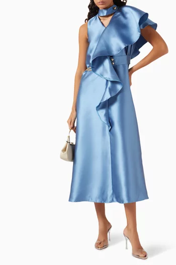 Ruffled Belted Midi Dress in Satin