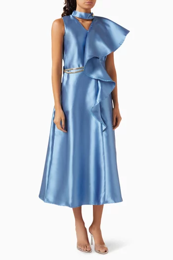 Ruffled Belted Midi Dress in Satin