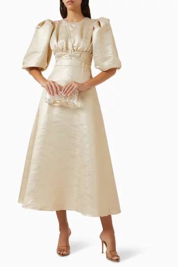 Jacquard Puffed-sleeve Midi Dress