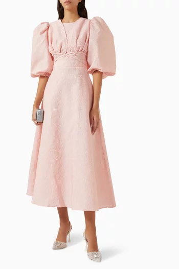 Jacquard Puffed-sleeve Midi Dress