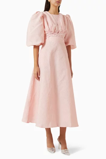 Jacquard Puffed-sleeve Midi Dress