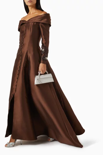 Embroidered Off-shoulder Gown in Mikado
