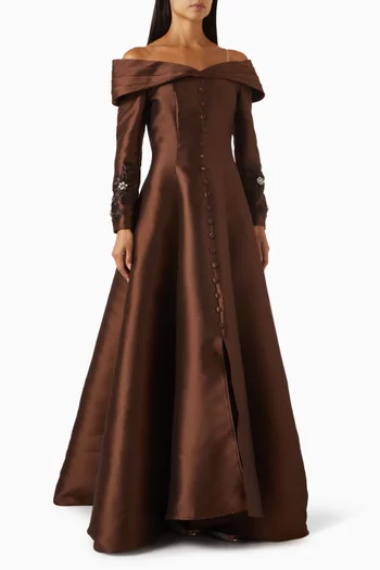 Embroidered Off-shoulder Gown in Mikado
