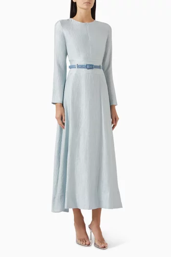 Belted Midi Dress in Jacquard Satin