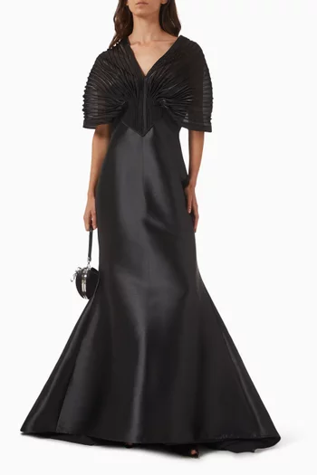 Pleated-sleeve Gown in Satin & Organza