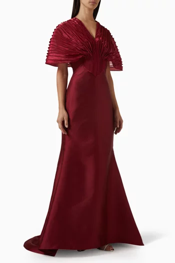 Pleated-sleeve Gown in Satin & Organza