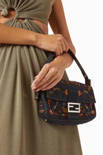 2000s Beaded Baguette Shoulder Bag in Denim
