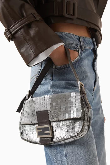 2000s Sequin Baguette Shoulder Bag in Leather