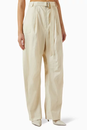 Patch-pocket Barrel-leg Belted Pants in Cotton