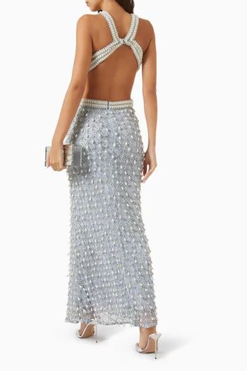 Sleeveless Halter Cutout Pearl Embellished Gown