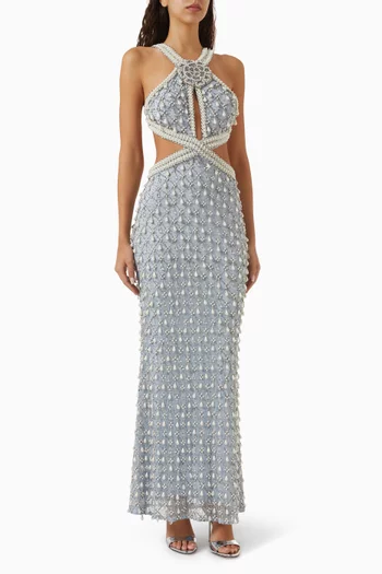 Sleeveless Halter Cutout Pearl Embellished Gown