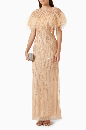Feather Embellished Cape Gown