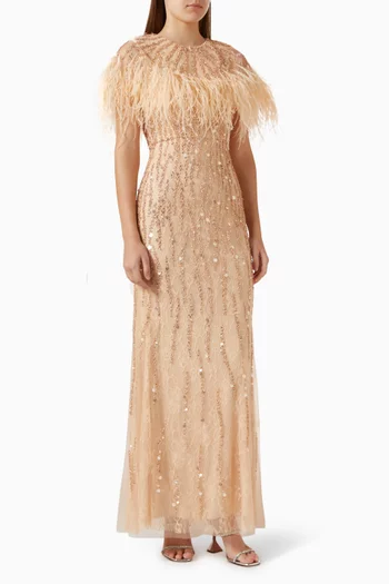 Feather Embellished Cape Gown