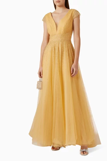 Embellished Cap Sleeve V-neck Gown in Tulle