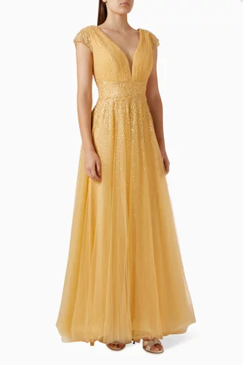 Embellished Cap Sleeve V-neck Gown in Tulle