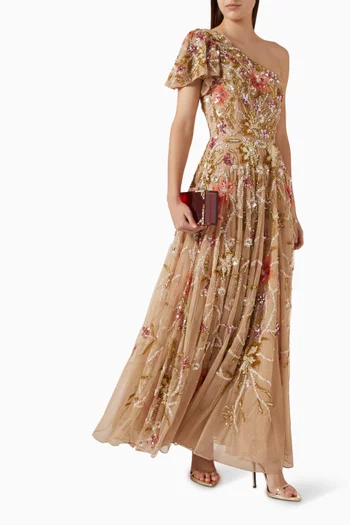 One-shoulder Floral Embellished Gown