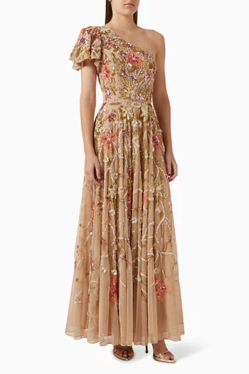 One-shoulder Floral Embellished Gown
