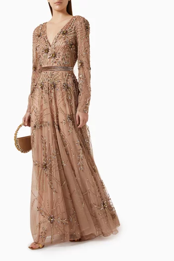 Deep V Embellished Gown in Mesh