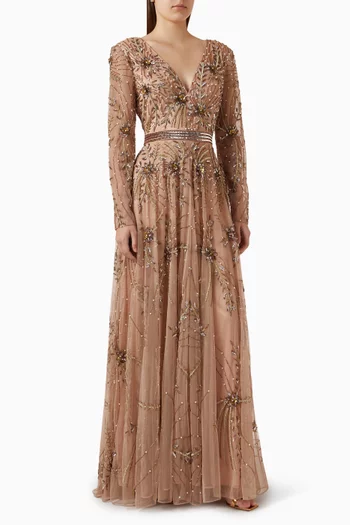 Deep V Embellished Gown in Mesh