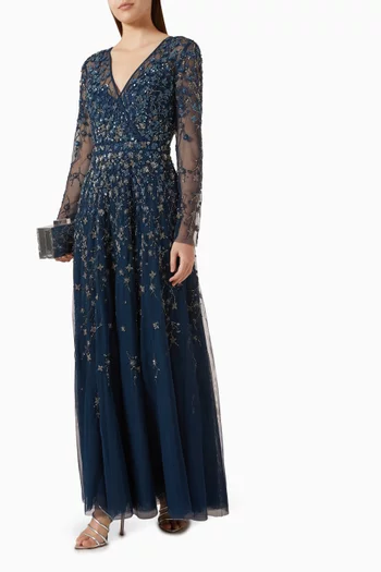 Embellished Wrap Illusion Gown in Mesh