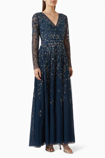 Embellished Wrap Illusion Gown in Mesh