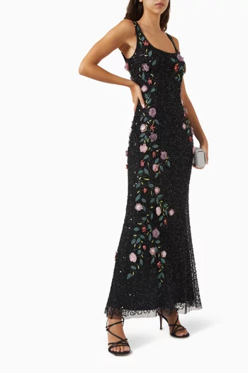 Floral Beaded Gown in Mesh