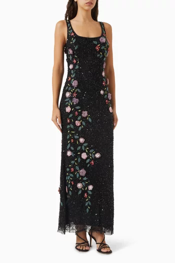 Floral Beaded Gown in Mesh