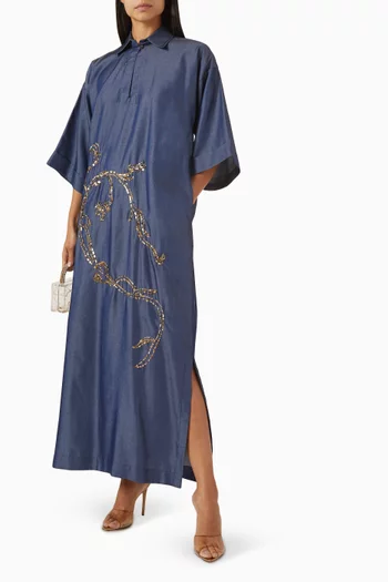 Hand-embroidered Maxi Dress in Chambray