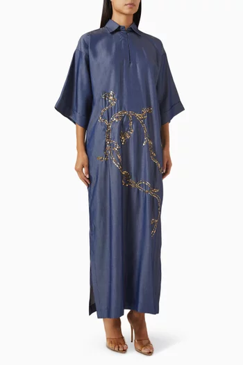 Hand-embroidered Maxi Dress in Chambray