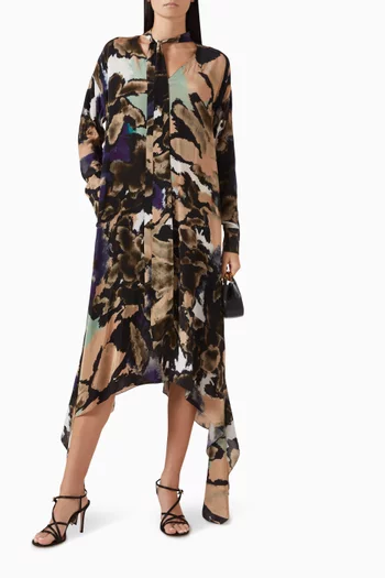 Printed Draped Boxy Midi Dress in Crepe