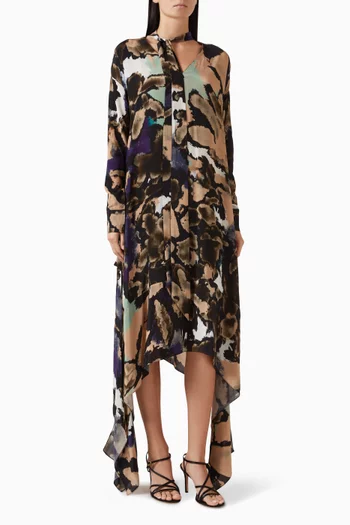 Printed Draped Boxy Midi Dress in Crepe