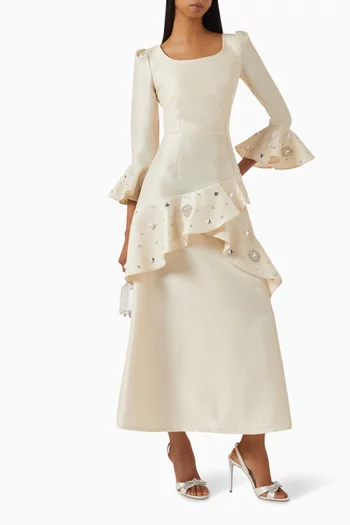 Crystal Ruffle Maxi Dress in Brocade