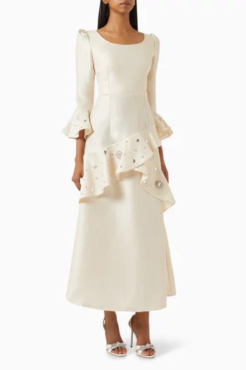 Crystal Ruffle Maxi Dress in Brocade