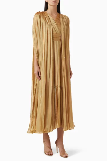 Crystal Embellished Pleated Maxi Dress in Chiffon
