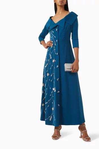 Off-shoulder Embroidered Maxi Dress in Stretch Crepe