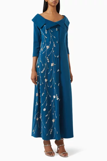 Off-shoulder Embroidered Maxi Dress in Stretch Crepe