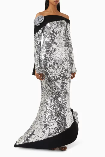 Off-shoulder Sequin-embellished Maxi Dress in Crepe