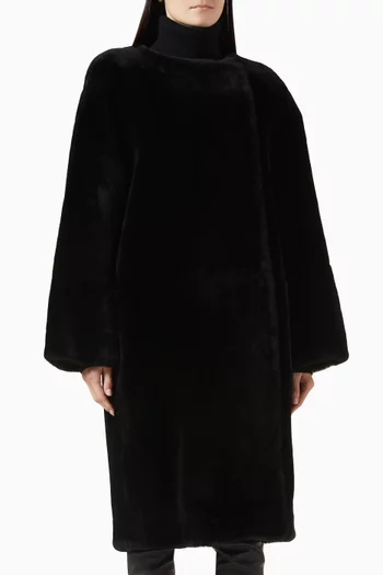 Collarless Coat in Shearling