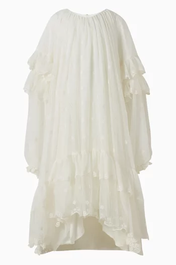 فستان طويل بكشكش مطرز قماش شبكي