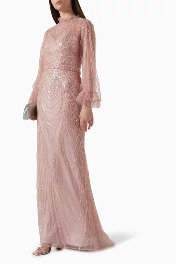 فستان سهرة مطرز بالكريستال تول